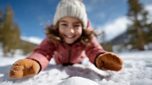 Joyful child playing in snow captures pure winter bliss in bright sunlit landscape