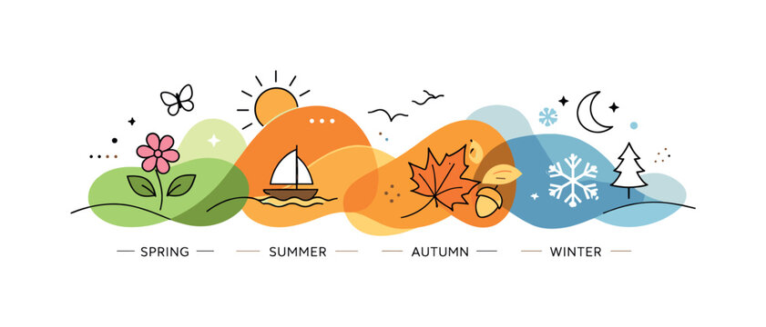 Seasonal Flow Art. Changing seasons abstract illustration. Flowing abstract shapes shifting from spring to summer, autumn and winter, connected in a smooth