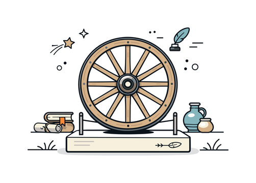 Timeless Wagon Wheel. Historical wagon wheel. A stylized wagon wheel displayed like a museum object, clean and quiet. The scene reflects history, tradition,