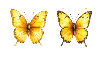 Two beautiful yellow tropical butterflies, isolated on a transparent background. PNG. Artistic cutout for packaging, web design, posters, invitations, and creative visuals projects