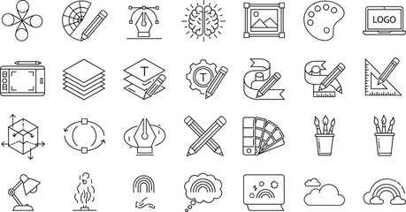 PrintGraphic Design and Art Tool Icon Set Featuring Pen Tool Color Palettes Digital Tablets Layers Brushes Typography Logo Design and Creativity