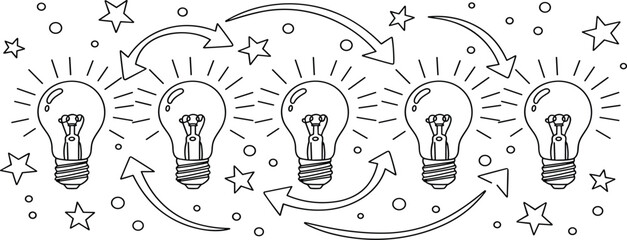 Obraz premium PrintHorizontal banner of glowing light bulbs with swirling arrows and stars representing creative process brainstorming idea exchange and innovative thinking flow.