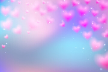 Heart romantic background. Pink Valentine day card. Soft rose hearts float on blue purple backdrop with glowing stars and smooth color transitions. Pastel dreamy vector illustration © Mariquita vector