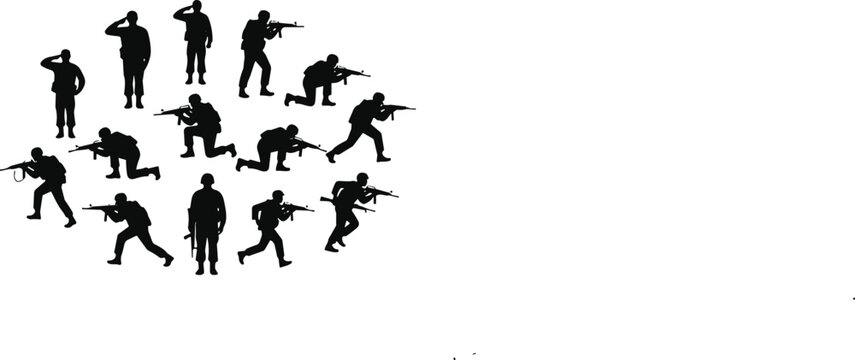 Large collection of black military soldier silhouettes featuring troops saluting aiming rifles and running in combat positions isolated on a white background