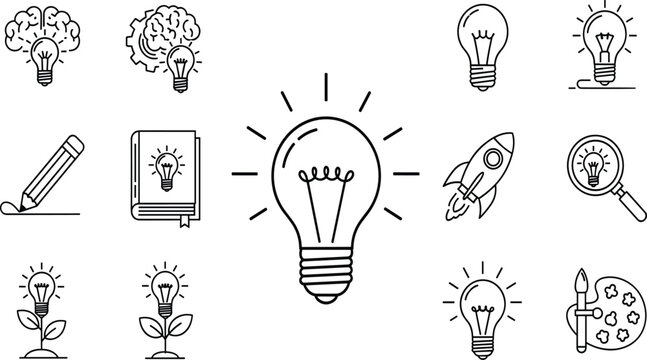 PrintLarge collection of thin line icons featuring creative lightbulbs brain gears rockets and pencils symbolizing innovation and big ideas on white background