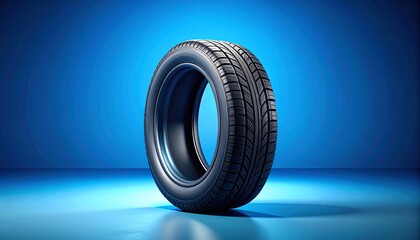 Single upright car tire with visible tread pattern against gradient blue background and centered spotlight glow.