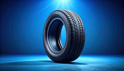 Single upright car tire with visible tread pattern against gradient blue background and centered spotlight glow.
