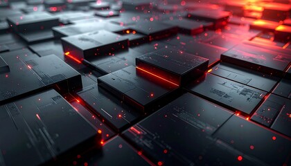 Futuristic digital landscape of dark reflective square tiles with glowing red-orange embers floating above and between.