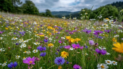 Fototapeta premium Vibrant meadow of diverse wildflowers blooming in a picturesque mountain valley under a cloudy sky