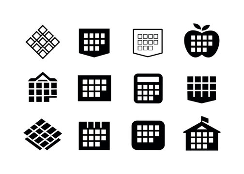 Multiplication Table Logos. Poster with multiplication table. Icon set. Set Logo of Poster with multiplication table: numbered table arranged in rows and