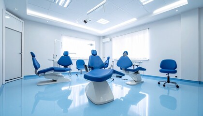 Modern dental clinic with blue chairs, white bases, overhead lights, glossy blue floor, and sterile white walls.