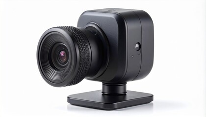 Modern black webcam with rectangular design, textured focus ring, circular privacy shutter, and adjustable base.