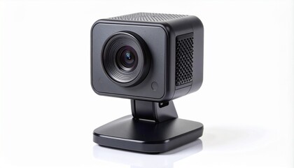 Modern black webcam with rectangular design, textured focus ring, circular privacy shutter, and adjustable base.