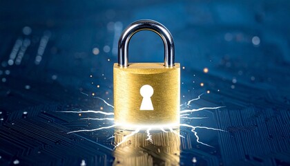 Golden padlock with glowing white keyhole and radiating cracks, set against dark blue circuit board background.