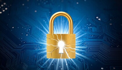 Golden padlock with glowing white keyhole and radiating cracks, set against dark blue circuit board background.
