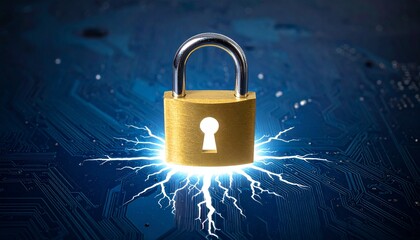 Golden padlock with glowing white keyhole and radiating cracks, set against dark blue circuit board background.