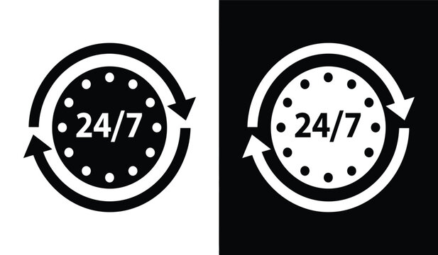 Black and white 247 icons with circular arrows on contrasting backgrounds for 24 hours a day seven days a week concept