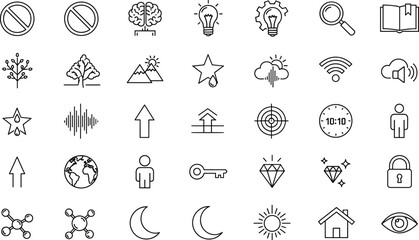 Fototapeta premium Universal Line Icon Set Featuring Knowledge Brain Science Molecules Environment Trees Mountains Security Diamond Globe Vision and General Interface Symbols