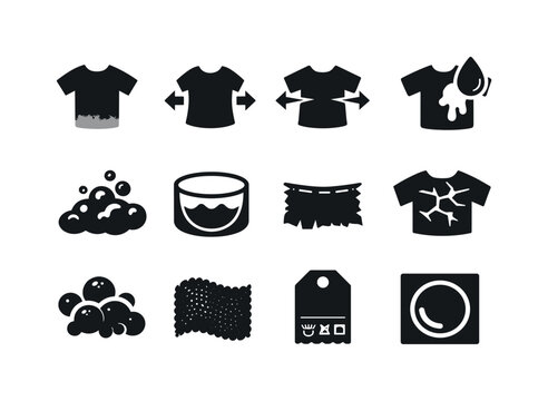 Laundry Icon Set. Laundry wear effects. Solid icon set of laundry wear effects: faded fabric, shrinking icon, stretched fabric, color bleed mark, detergent