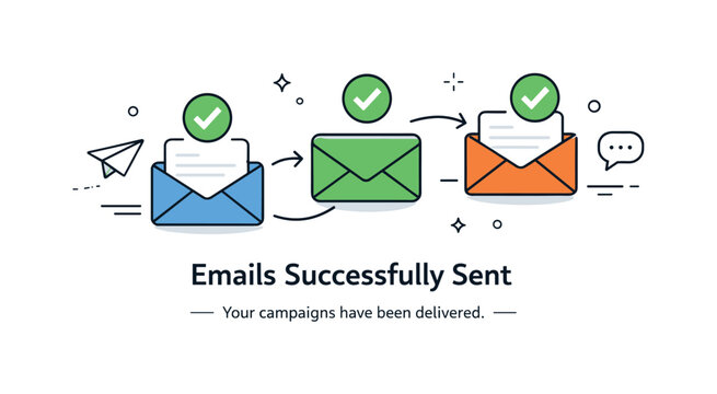 Efficient Email Delivery. Email marketing delivery. Emails successfully sent with checkmarks and envelope icons, smooth communication flow. Calm sense of