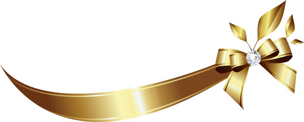 Elegant flowing golden silk ribbon or satin banner with a metallic gold bow diamond gemstone and...
