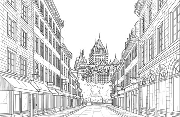 Obraz premium Old Quebec City street hand drawn sketch vector featuring Chateau Frontenac historic architecture and European style buildings.