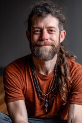 Obraz premium Man with beard smiles while sitting indoors in casual clothes