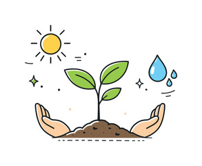 Naklejka premium Sprout's Gentle Growth. Early plant development. A young sprout grows leaves while sunlight and water icons support its growth. Care, balance, and healthy