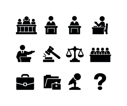 Courtroom Icon Set. Court Session. Solid icon set of Court Session: courtroom bench, defendant, plaintiff, witness testifying, lawyer arguments, judge gavel,