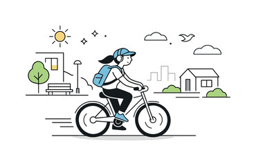 Fototapeta premium Peaceful Urban Commute. Daily commute moment. Person walking or biking through a quiet urban street, carrying a bag or wearing headphones. Peaceful transition