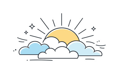 Sunbeam Serenity. Sunshine breaking through clouds illustration. Soft sun rays emerging from behind light clouds, creating a calm and hopeful atmosphere. Airy