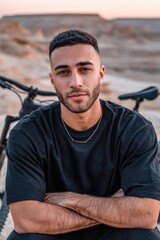 Man sits with arms crossed near mountain bikes at sunset