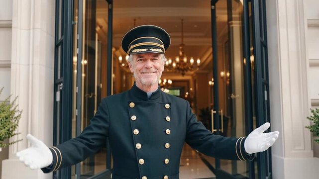 elegant hotel doorman welcoming guests at luxury entrance as camera moves forward into hotel interior, symbolizing hospitality, service, and premium travel experience
