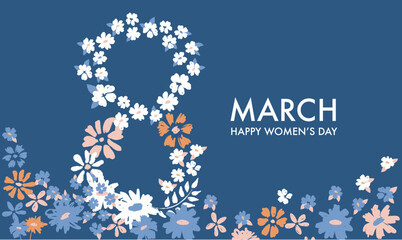 8 March. Women day blue background with frame flowers.