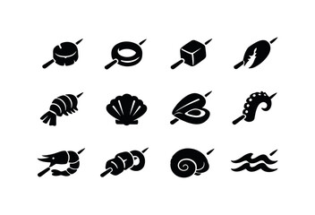 Seafood Skewer Icons. Shrimp skewer seafood variants. Solid icon set of shrimp skewer seafood variants: scallop, squid ring, fish cube, crab claw silhouette,