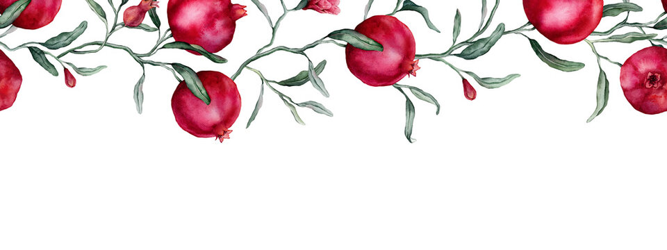 Seamless horizontal border or banner tropical Pomegranate and pink flower. Hand drawn watercolor illustration on white isolated background. Fruits with green leaves pattern for frame or banner.
