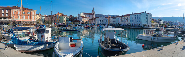 Ultra Wide Panorama of Isola Town in Slovenia with Traditional Fishing Boats and Scenic Marina, Historic Mediterranean Architecture and Old City Seascape, Beautiful Morning Light over Adriatic Coast