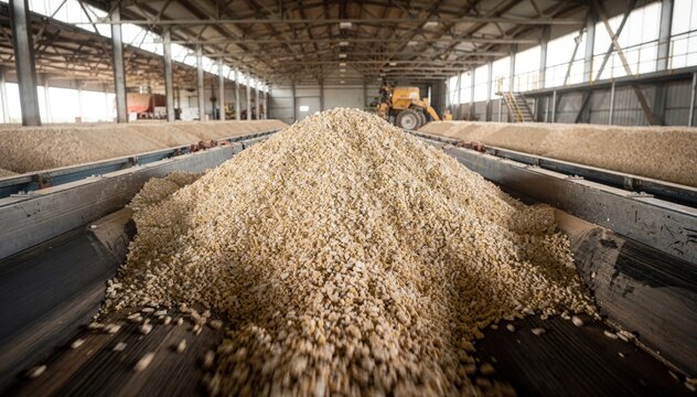 Medium shot of large cottonseed heaps inside covered storage conveyor belt in clear view and surrounding environment gently out of focus emphasizing bulk storage.