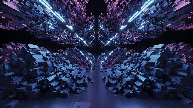 Purple and blue 3D geometric tunnel with glowing rectangles abstract