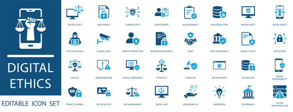 Digital ethics and AI governance icon set. Professional symbols for cyber security, data privacy, responsible artificial intelligence, transparency, and online