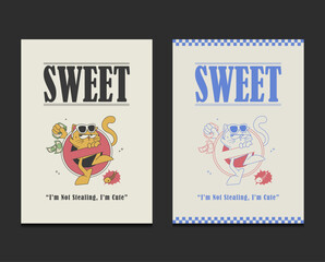 Naklejka premium cute cat cartoon with a sneaky, playful vibe, perfect for posters, t-shirt, or wall decor. Vector illustration