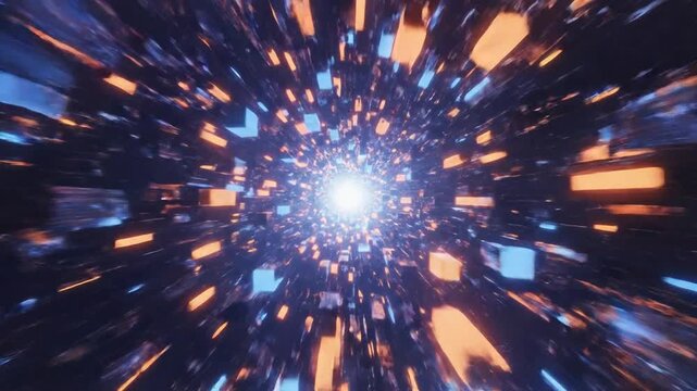 Orange and blue 3D tunnel with glowing rectangles and bright light