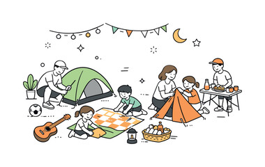 Fototapeta premium Backyard Camping Fun. Family backyard camping setup. Adults and kids preparing a small campsite together, arranging tents, blankets, and snacks. Warm, friendly