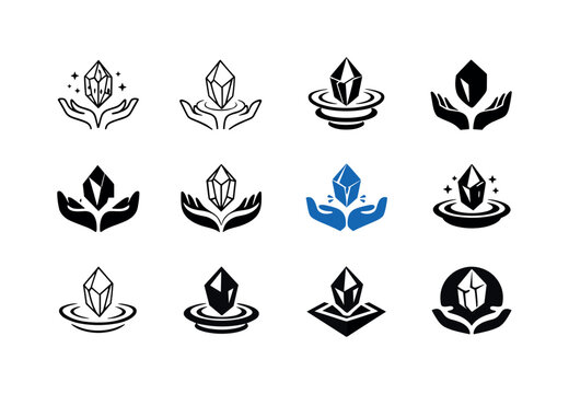 Weightless Crystal Logos. Weightlessness. Icon set. Set Logo of weightlessness: levitating crystal. harmonious logo variations of the same emblematic concept,