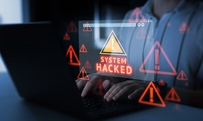 System warning alert signals critical security issue. Scene reflects strong cybersecurity protection.Suspicious activity shows possible breach. Monitoring tools detect threats in real time.	
