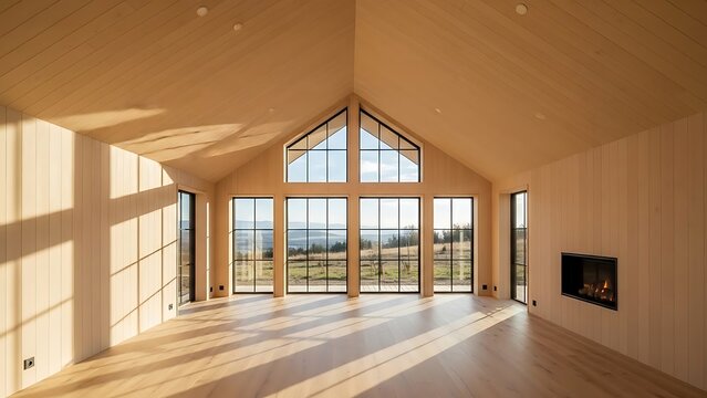Spacious modern cabin interior with vaulted wooden ceiling and large windows overlooking landscape