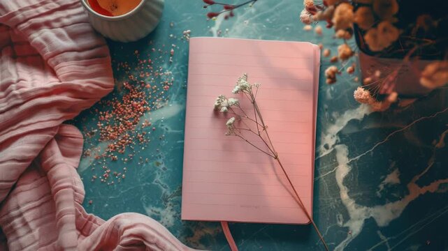 Video A pink notebook sits on a table next to a cup of tea, perfect for writing or planning