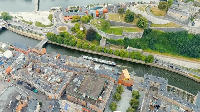 Namur, Belgium. The arrow at the confluence of the Sambre and Meuse rivers. Tanker Barge. Drone footage