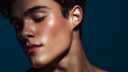 Fototapeta premium Portrait of young man with healthy skin on a dark studio background