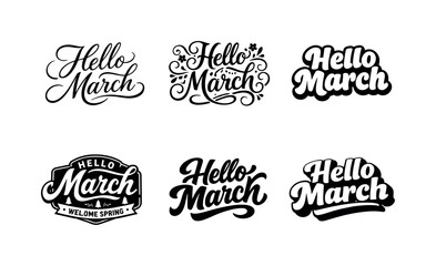 Obraz premium March Lettering Variations. Hello March. Set lettering. harmonious lettering variations of the same emblematic concept, each with different artistic